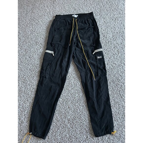 Rhude Black Cargo Track Pants W/ Yellow Drawstring & Zippered Pockets - Picture 2 of 13